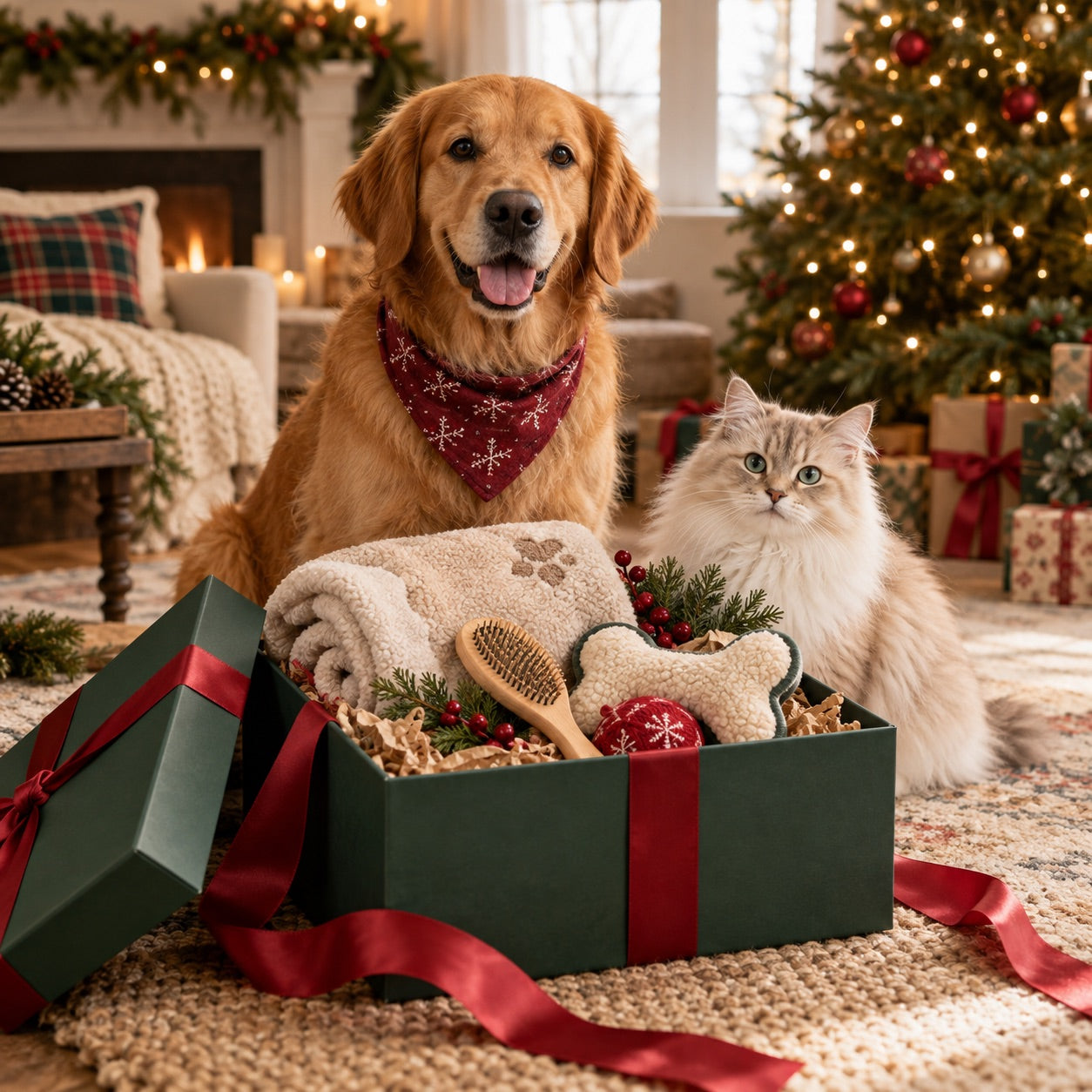 A golden retriever and a fluffy cat beside an open Christmas gift box