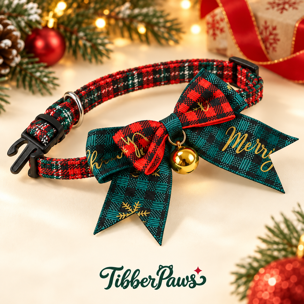 Christmas Plaid Bow Cat Collar with Bell